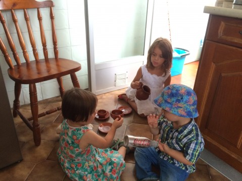 One of Elisa's famous tea parties with Eric and cousin Aroa